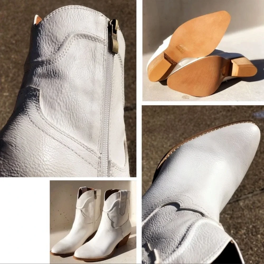 White Faux Leather Ankle Booties Distressed Block Heel Womens Size 11 Boots - Picture 10 of 12